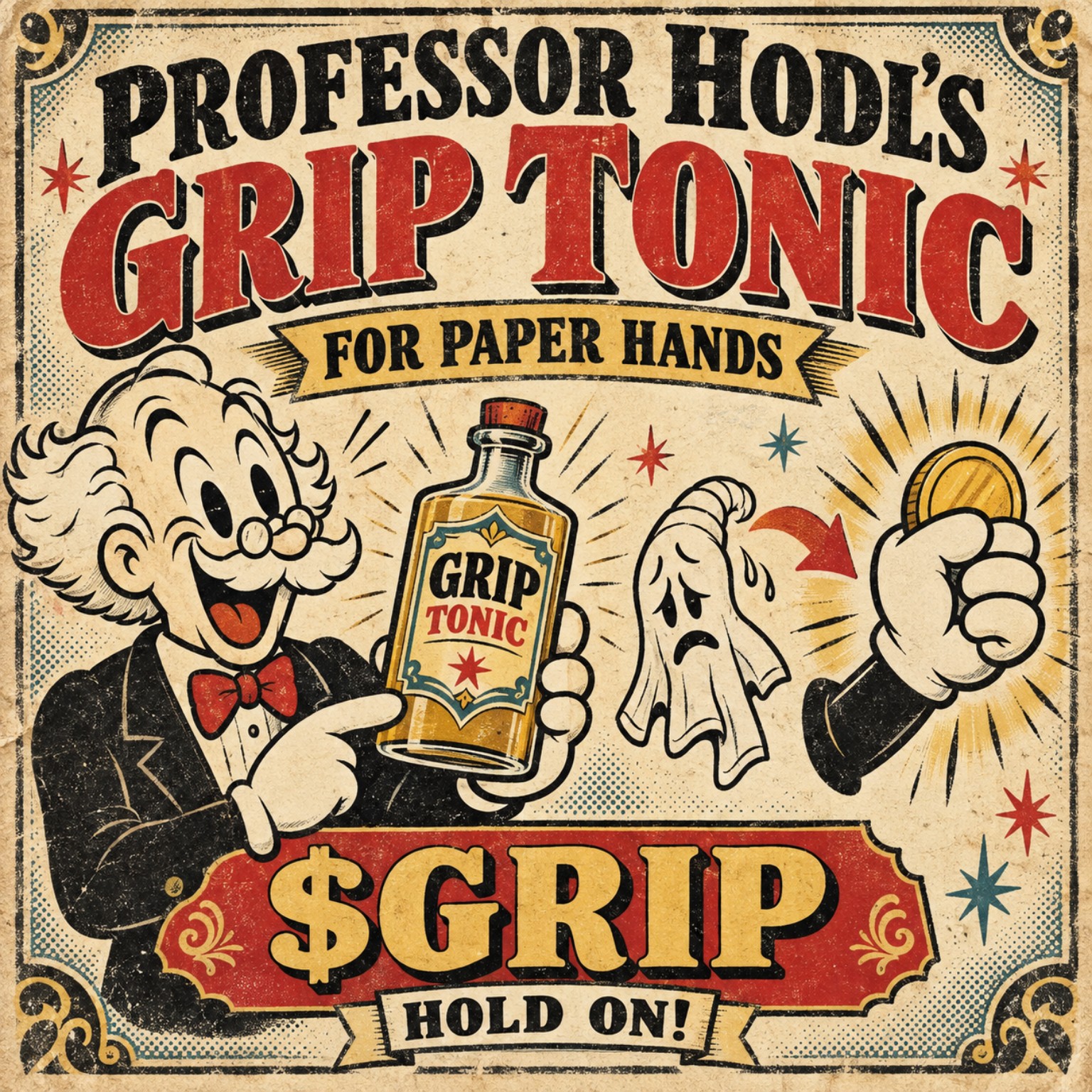 Vintage Professor HODL's Grip Tonic advertisement for paper hands